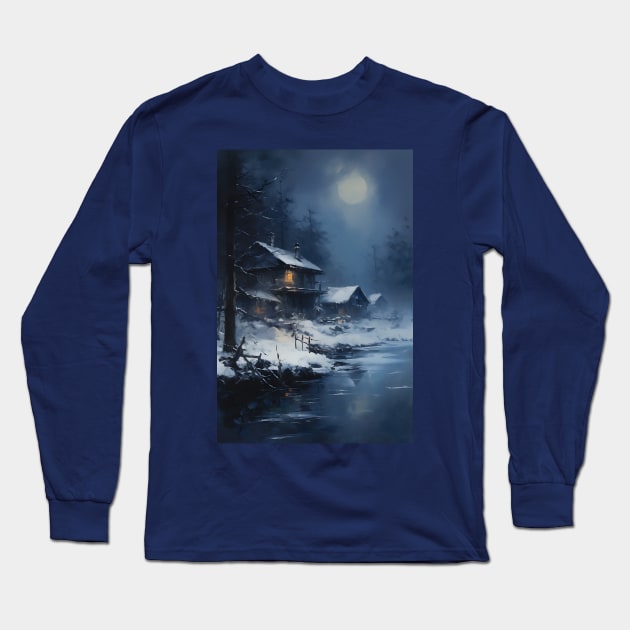 Copy of cozy winter nights - cabin by the lake - 3 Long Sleeve T-Shirt by UmagineArts